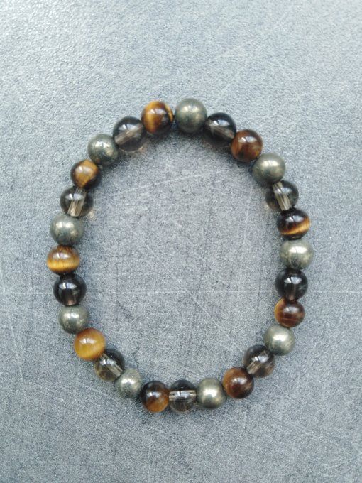 Bracelet enfant : Oeil de tigre / Pyrite / Quartz fumée
