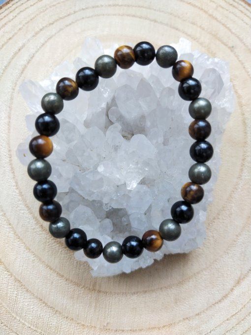 Bracelet enfant : Oeil de tigre / Pyrite / Quartz fumée