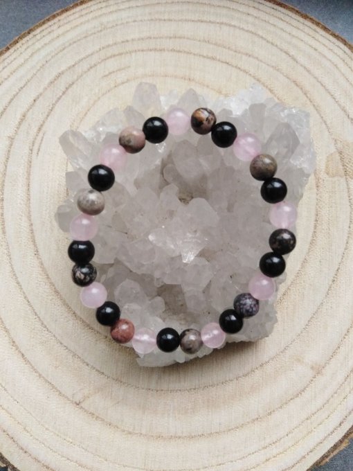Bracelet Onyx / Quartz rose / Rhodonite (Taille enfant)