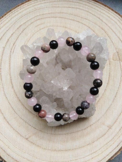  Bracelet Onyx / quartz rose / rhodonite