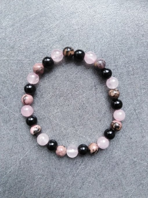 Bracelet Onyx / Quartz rose / Rhodonite (Taille enfant)