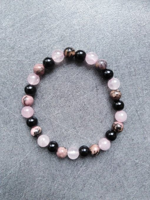  Bracelet Onyx / quartz rose / rhodonite