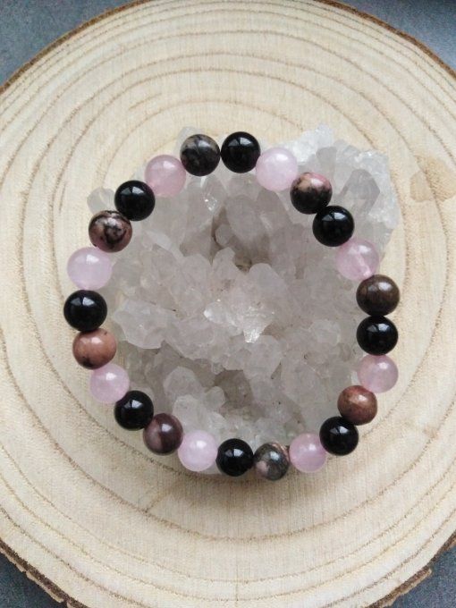  Bracelet Onyx / quartz rose / rhodonite