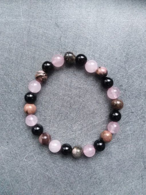  Bracelet Onyx / quartz rose / rhodonite