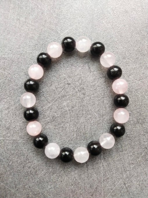Bracelet Obsidienne / Quartz rose (Taille enfant)