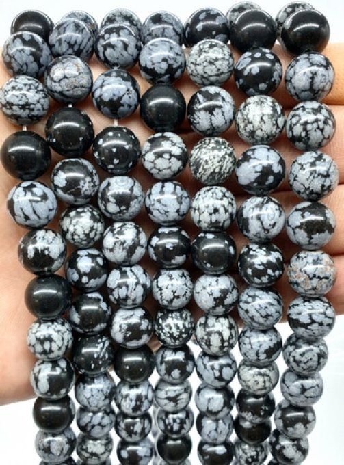 Perles Obsidienne flocon de neige au fil