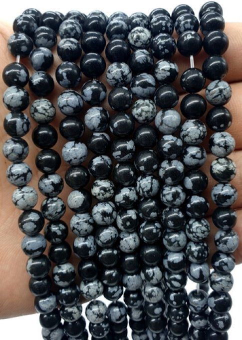 Perles Obsidienne flocon de neige au fil