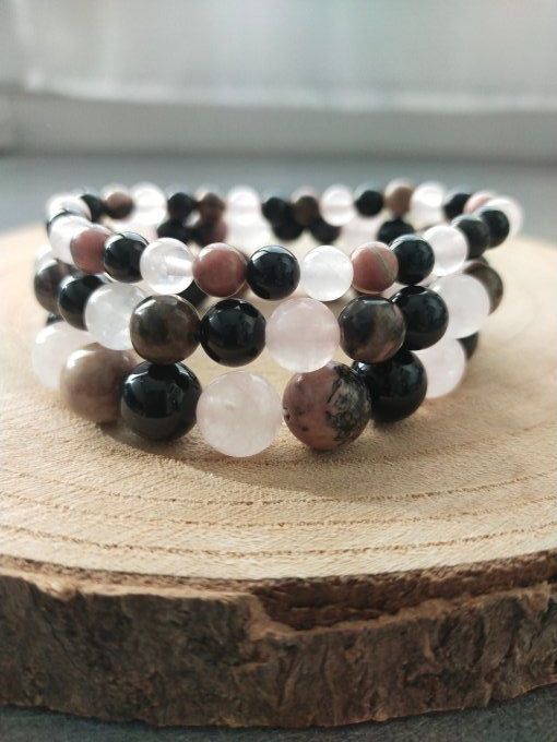  Bracelet Onyx / quartz rose / rhodonite