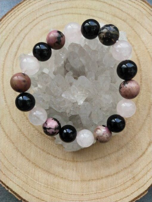  Bracelet Onyx / quartz rose / rhodonite