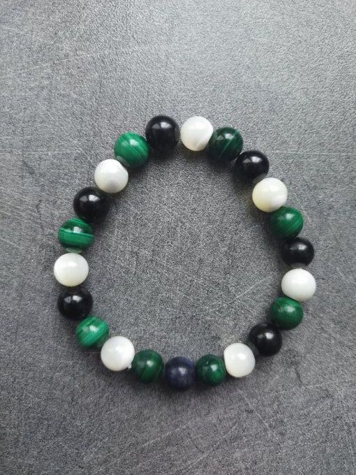 Bracelet Malachite / nacre / tourmaline