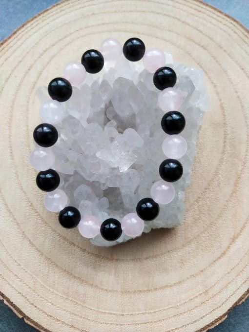 Bracelet Obsidienne / quartz rose