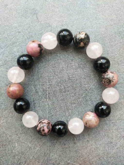  Bracelet Onyx / quartz rose / rhodonite