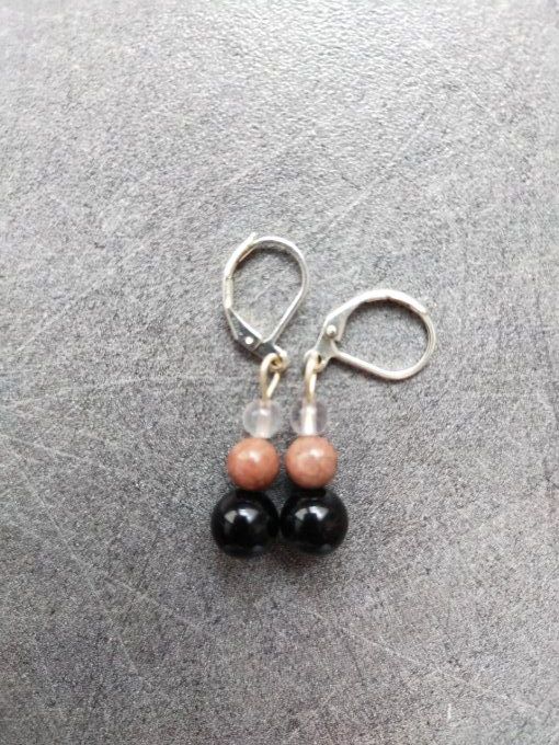 Boucles d'oreille Onyx / quartz rose / rhodonite