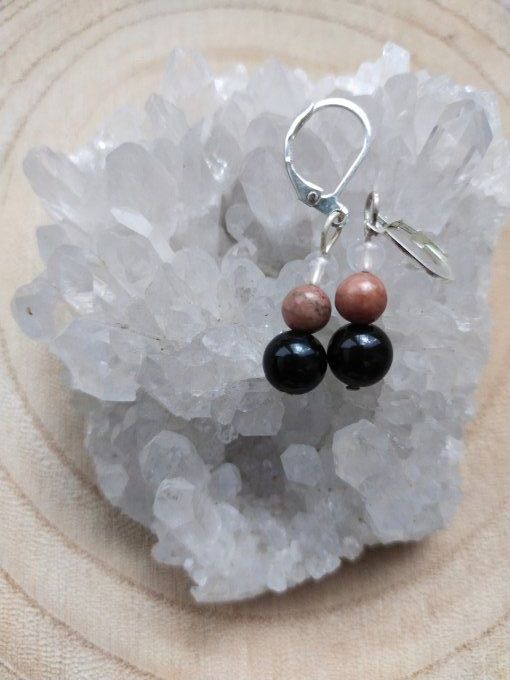 Boucles d'oreille Onyx / quartz rose / rhodonite