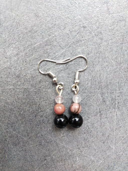 Boucles d'oreille Onyx / quartz rose / rhodonite