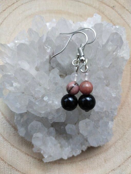 Boucles d'oreille Onyx / quartz rose / rhodonite