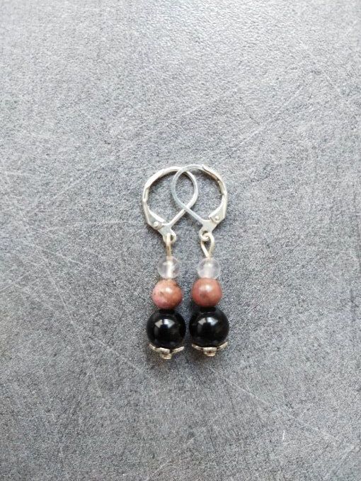 Boucles d'oreille Onyx / quartz rose / rhodonite