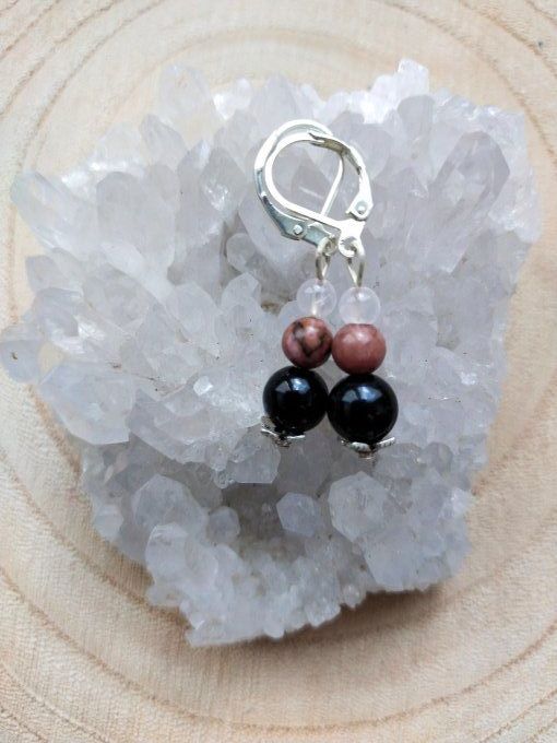 Boucles d'oreille Onyx / quartz rose / rhodonite