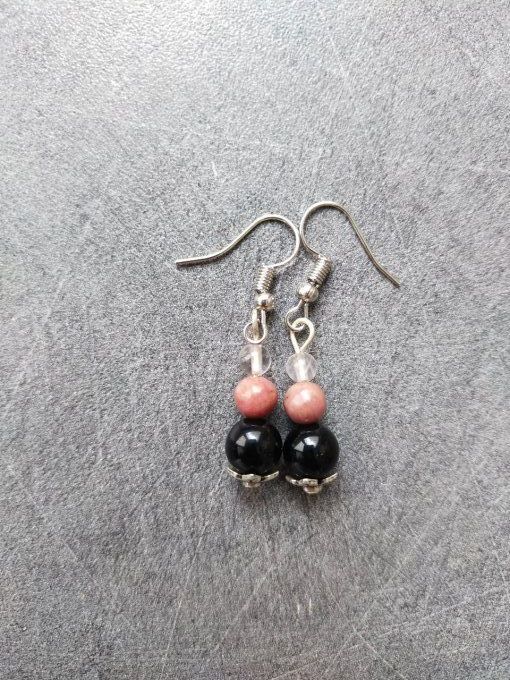 Boucles d'oreille Onyx / quartz rose / rhodonite