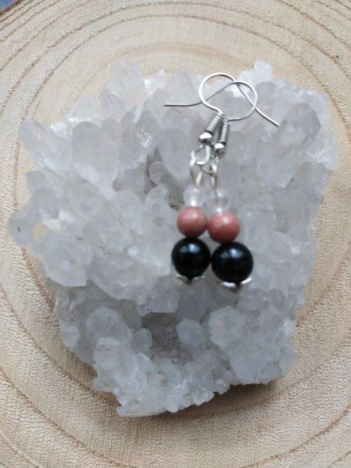 Boucles d'oreille Onyx / quartz rose / rhodonite