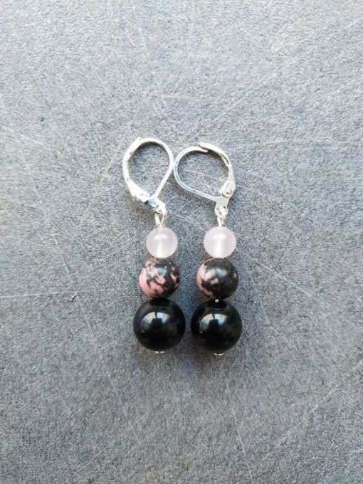 Boucles d'oreille Onyx / quartz rose / rhodonite