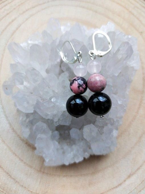 Boucles d'oreille Onyx / quartz rose / rhodonite