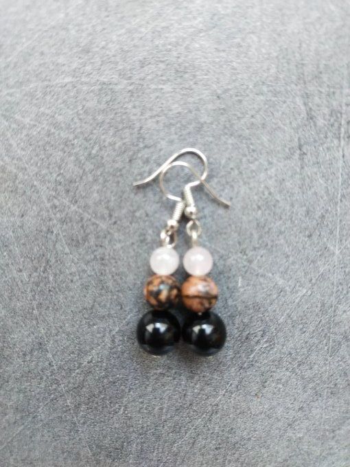 Boucles d'oreille Onyx / quartz rose / rhodonite