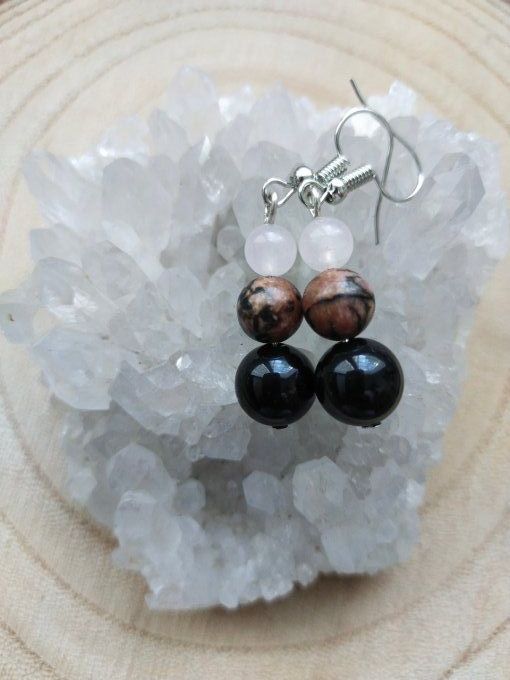 Boucles d'oreille Onyx / quartz rose / rhodonite