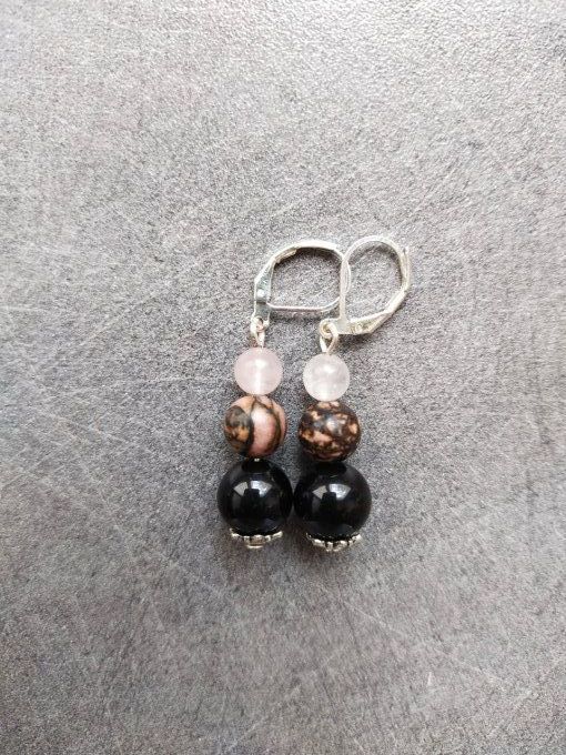 Boucles d'oreille Onyx / quartz rose / rhodonite