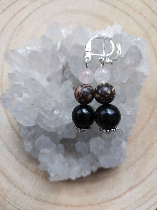 Boucles d'oreille Onyx / quartz rose / rhodonite