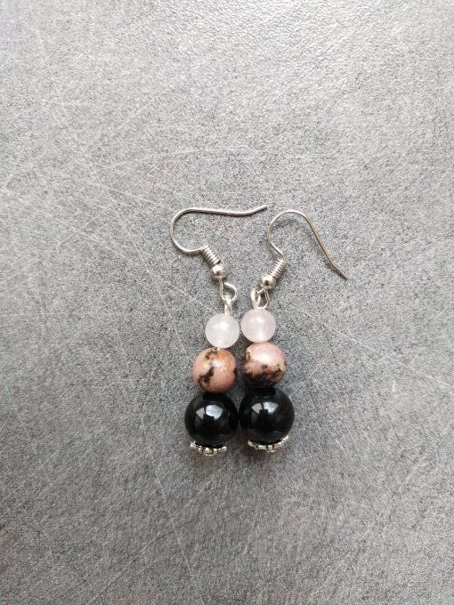 Boucles d'oreille Onyx / quartz rose / rhodonite