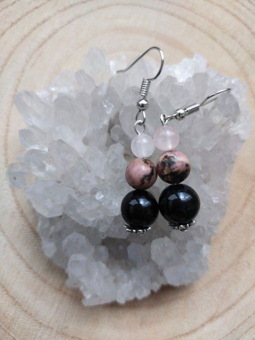 Boucles d'oreille Onyx / quartz rose / rhodonite