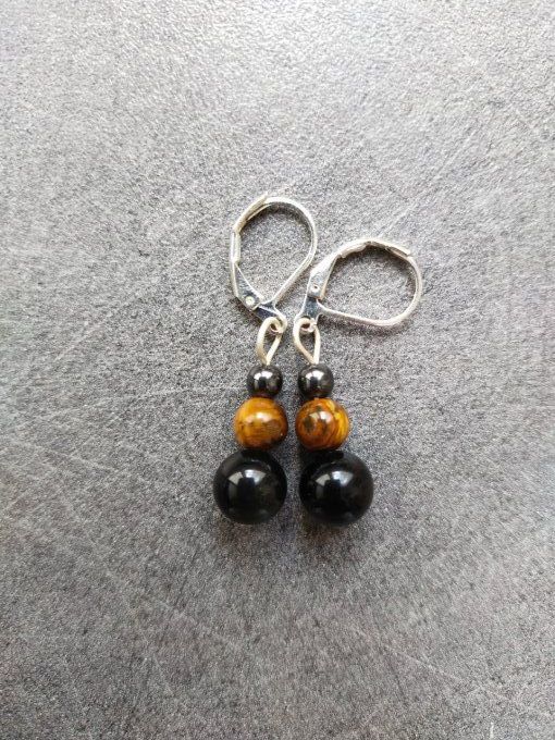 Boucles d'oreille Hématite / obsidienne / oeil de tigre