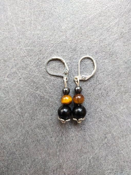 Boucles d'oreille Hématite / obsidienne / oeil de tigre