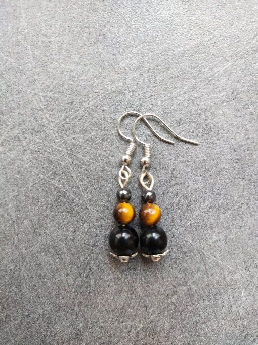 Boucles d'oreille Hématite / obsidienne / oeil de tigre