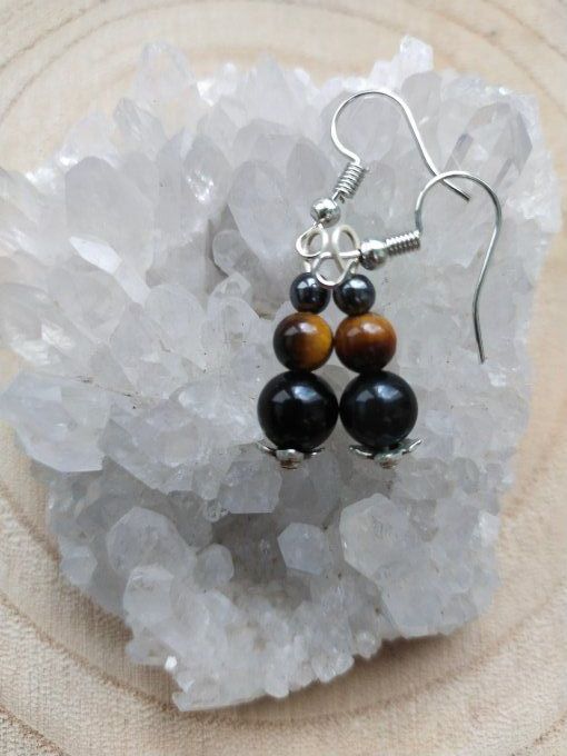 Boucles d'oreille Hématite / obsidienne / oeil de tigre