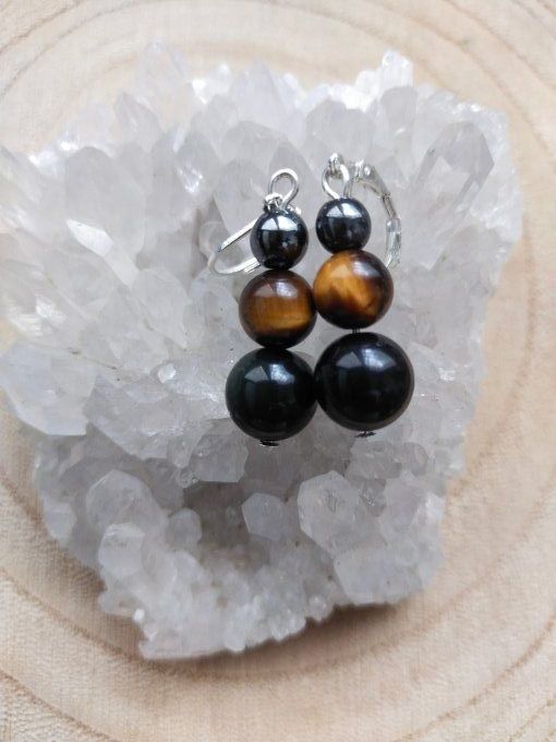 Boucles d'oreille Hématite / obsidienne / oeil de tigre