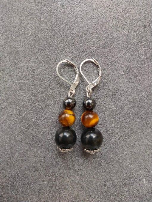 Boucles d'oreille Hématite / obsidienne / oeil de tigre