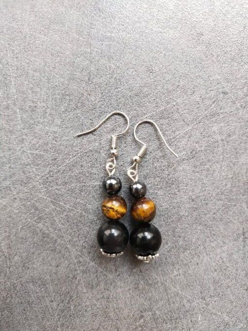 Boucles d'oreille Hématite / obsidienne / oeil de tigre