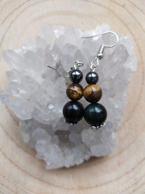 Boucles d'oreille Hématite / obsidienne / oeil de tigre